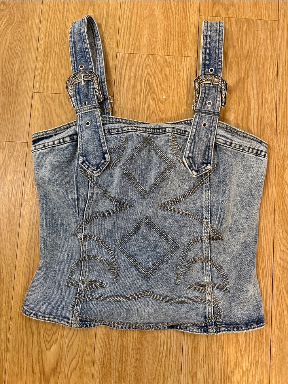 Denim Buckle Strap Crop Top in Acid Wash Blue